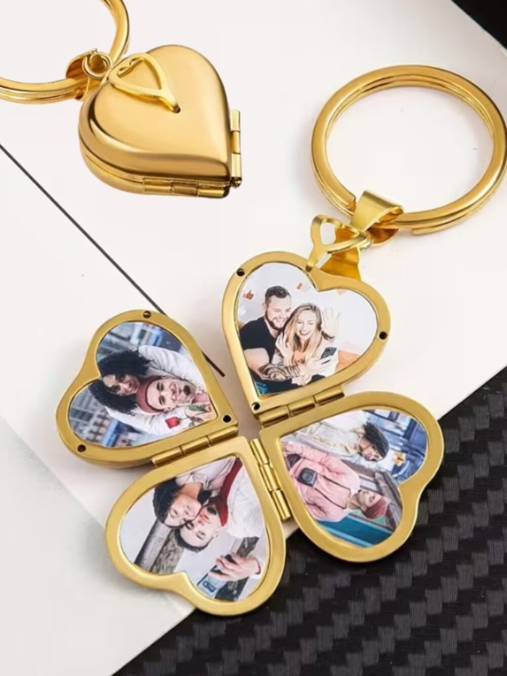 Gold Heart Clover Folding Photo Frame Keychain Locket Gift for Couples Moms